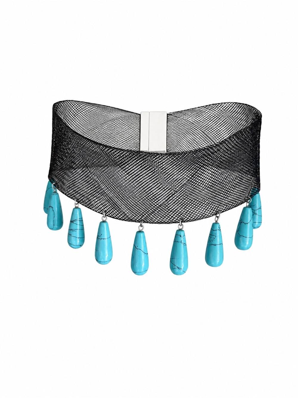 Black Mesh Statement Choker Collar Necklace turquoise Stone Burgundy Teardrops